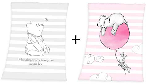 2er-Set: Disney´s Winnie The Pooh Baby Flauschdecke Schmusedecke 75 x 100 cm, grau+rosa
