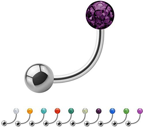 Treuheld® | 1.2mm x 8mm Piercing Banane Silber | 4mm Kristall Kugel + 4mm Stahl Piercingkugel |Lila/Violett | Chirurgenstahl | Nabel, Intim