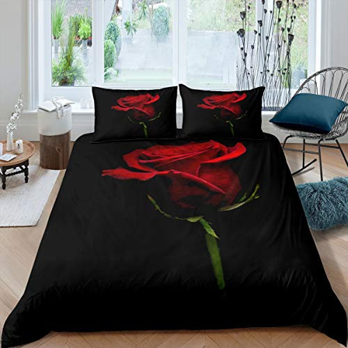 Loussiesd 3D Rose Bedding Set Red Rose Floral Comforter Cover Romantic Flowers Pattern Duvet Cover for Children Kids Girls Women Garden Theme Bedspread Cover Black Room Decor Bedclothes Super King