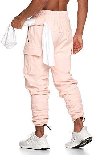 Chickw1 Homme Pantalon Cargo Sport Jogging Pantalons, Mouvement Slim Fit Chino Multi Poches Élastique Coton Casual Activewear Pantalon Randonnée pour Toutes Les Occasions (Rose,M)