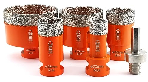 BGTEC - Set di 6 punte diamantate a secco, per piastrelle in porcellana, ceramica, marmo, mattoni, filettatura M14, diametro misto 20/28/35/55/68 mm, con 1 supporto esagonale M14