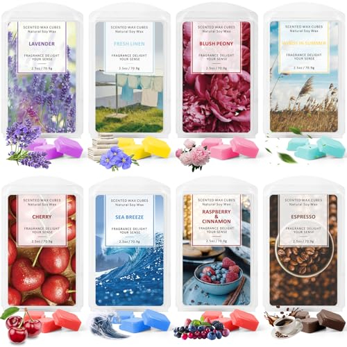 LA BELLEFÉE Duftwachs Wax Melts 100% Sojawachs Raumduft Duftkerze, insgesamt 48 Würfel (560g) - 8 Verschiedene Düfte Geschenk Set für Weihnachten, Geburtstag, Hausewarming