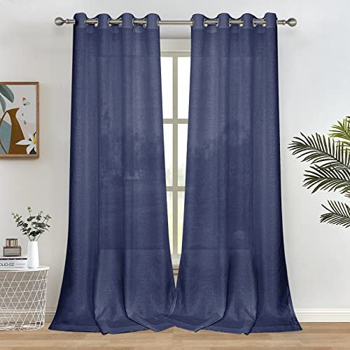 Melodieux Lot de 2 Rideaux Semi-Transparents en Lin avec œillets pour Salon, Chambre à Coucher, 132,1 x 243,8 cm, Bleu Marine