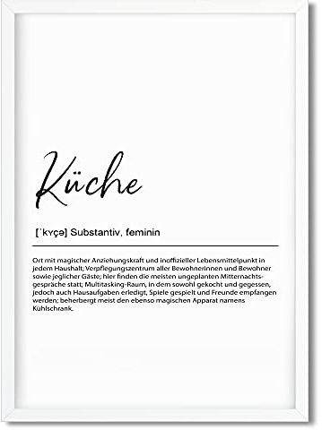 Urhome Kunstdruck Definition Küche mit Bilderrahmen Weiß in DIN A3 - Worterklärung wie im Duden Lexikon Wandbild Wanddeko mit Spruch Holz Rahmen für Wohnung Familie Freunde Geschenk