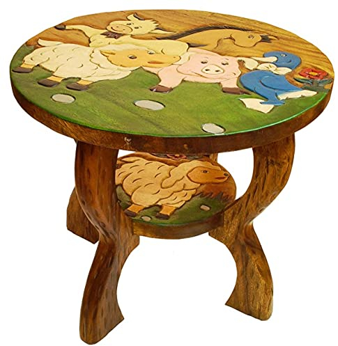 IMAGO Kindertisch aus massiven natürlichen Holz, Kindersitzgruppe, Holztisch, Tisch mit Motiv Tiere auf Wiese