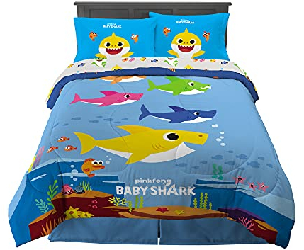 Franco Set di biancheria da letto per bambini, super morbido, con piumone e lenzuola, 5 pezzi, misura grande, Baby Shark