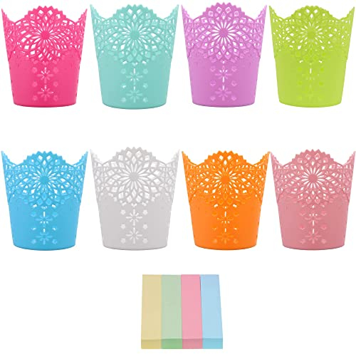 OKVGO 8pcs Set Porte-Crayon Tasse, Joli Pots De Crayon À Fleurs Creux En Plastique Mignon pour Bureau École Et Maison Stylo Règle Papeterie Maquillage Brosse Organisateur De Stockage