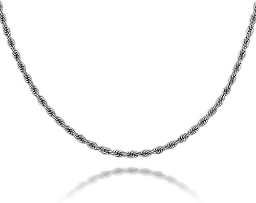 YIMERAIRE 3MM Rope Chain Necklace For Men,18k Gold Plated Stainless Steel Gold Chains, 20 Inches Silver Chain For Women, Hip Hop Costume Jewelry