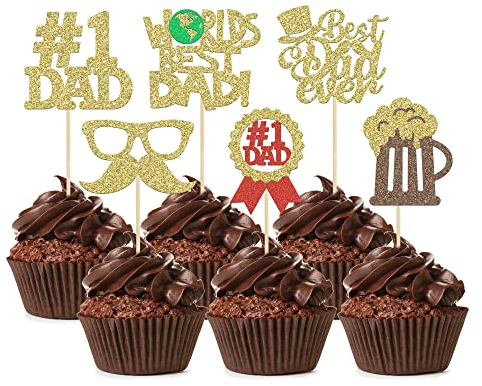 24 PCS Best Dad Ever Cupcake Toppers with Beer Glass Moustache Hat Black Glitter World's Best Dad Cupcake Picks Decorations for Happy Father's Day Dad Birthday Party Supply