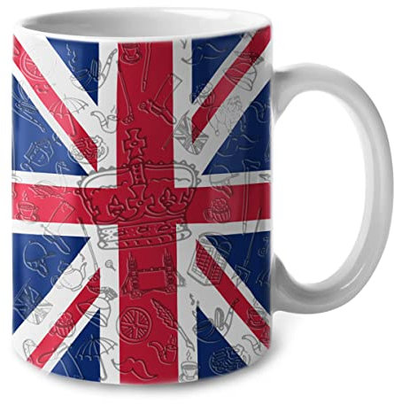 Lotacy Uk Union Jack British Flag And Symbols Ceramic Mug 11oz, British Souvenir and Gifts, Gift Idea For British Men and Women, Born And Raised In United Kingdom Gifts, White