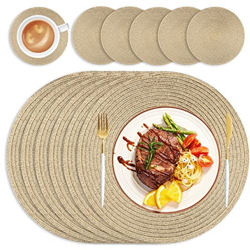 HEYOMART Runde Tischsets Abwaschbar 6er Set Platzsets mit Untersetzer, 38cm Gewebte Hitzebeständige Platzdeckchen, Platzteller rutschfest für Küche Geburtstags Party Hochzeit Weihnachten - Gold