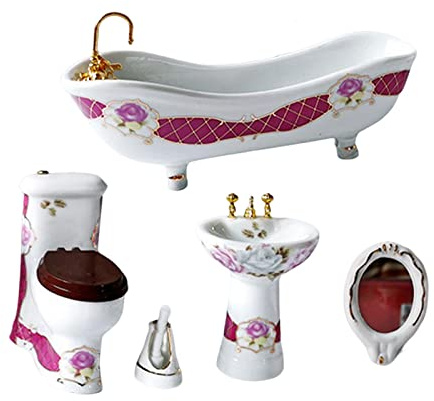 Oshhni 5 Pièces 1/12 Échelle Dollhouse Accessoires Ensemble de Salle de Bain DIY Scène Accessoires Miniature Lavabo pour Salle de Bains Toilette Toilette, blanc et rouge