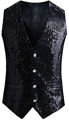 Caxndycing Herren Glänzende Pailletten Anzugweste V-Ausschnitt einfarbig Glitzer Weste Pailletten Jacke für Männer Anzugweste Karneval Fasching Silvester Weihnachten Party Mottoparty Clubwear