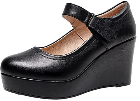 Jamron Damen Hohe Plateau Keilabsatz Mary Jane Schuhe Klettverschluss Knöchelriemen Leder Pumps