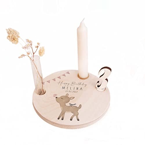 Personalisierter Geburtstagsteller aus Holz mit Kerzenhalter, Vase & Jahres Zahlen - Geburtstagsdeko mit Name - 1. Geburtstag Baby & Kinder Geschenk - ⌀16 cm x 12mm - hellomini (REH)