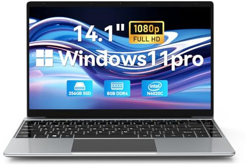 Intel Celeron N4020 Ordinateur portable 14,1, mémoire DDR4 de 8 Go, SSD de 256 Go, Windows 11, écran FHD pour travail et divertissement, SSD extensible de 1 To, USB 3.0, webcam