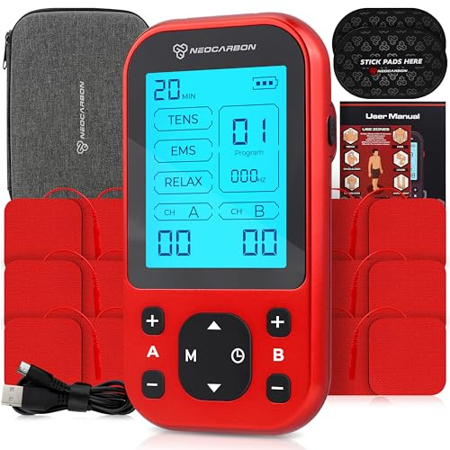 NEOCARBON TENS Unit Muscle Stimulator Pro for Back Pain Relief, Shoulder Recovery and Physical Therapy, Electronic EMS Massager Machine with PMS Pulse for Effective Shock Therapy, Red