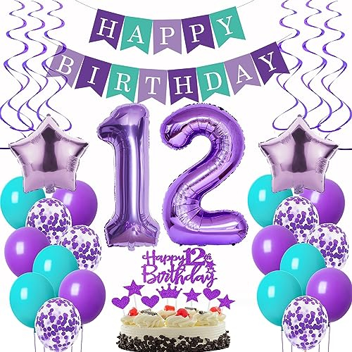 Oumezon Decoracion 12 cumpleaños niña, 12 cumpleaños niña Decoracion morado, Decoracion cumpleaños 12 años niña, 12 Globos niña deco morado decoracion tarta 12 cumpleaños niña morado
