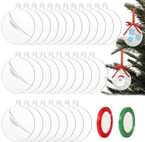 30pcs Clear Christmas Ornaments, 3 Inch Acrylic Blanks Ornaments Round Discs Transparent Hanging Decor with Ribbon for Christmas Tree Decoration Supplies (Round)