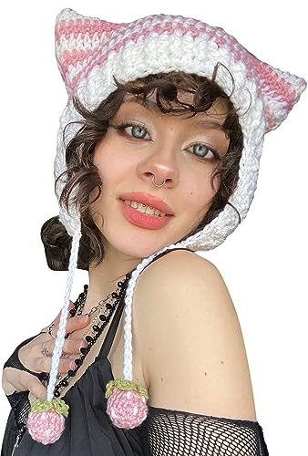 Edhomenn Frauen Katze Beanies Grunge Goth Beanies Katze Ohr Hut Y2k Crochet Beanie für Mädchen Streetwear, 01 Rosa, Einheitsgröße