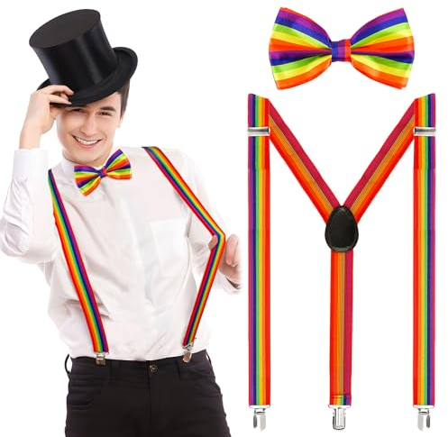 BOFUNX LGBTQ Kostüm Accessories, Regenbogen Hosenträger und Fliege Pride Outfit für Karneval Mottoparty Herren Damen Regenbogen Kostüm Zubehör