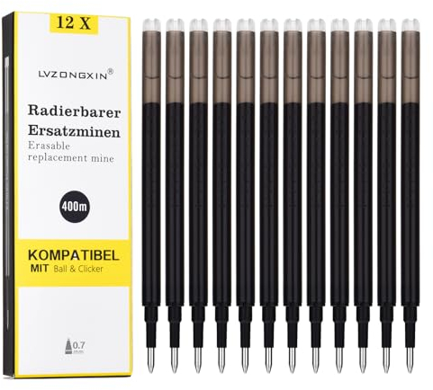 [12 Stück] - LVZONGXIN Radierbare Ersatzmine, Kompatibel mit Pilot FriXion Ball & Clicker & Eberhard Faber, Tintenroller Radierbar, Spitze 0,7 mm, (Schwarz, 12)