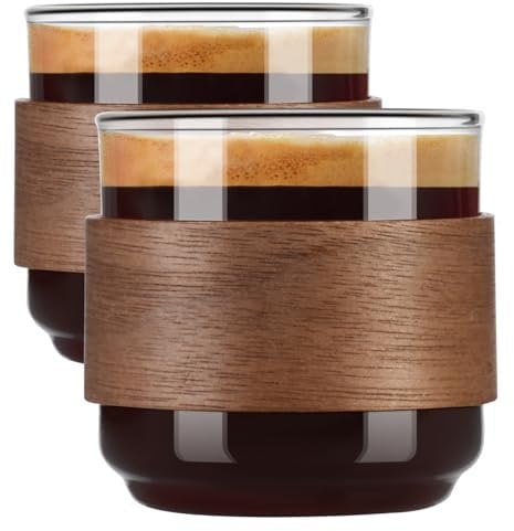 ParaCity Espresso Cups Set of 2 with Wooden Ring, High Borosilicate Espresso Shot Glass, Clear Small Expresso Shots Cup, Espresso Accessories (Small)