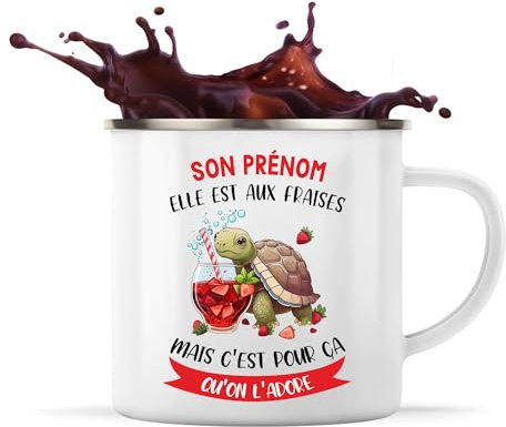 Mug prénom personnalisable | Tasse personnalisée humour fun idée cadeau collègue surnom métier (Tasse Métal, Féminin, Tortue aux Fraises)
