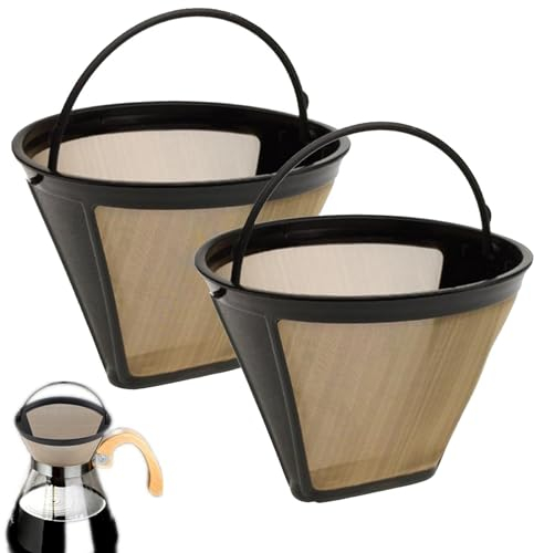 2PCS Goldtonfilter Kaffee Dauerfilter,Kaffeefilter Größe 4 Edelstahl Wiederverwendbar Dauerhaft Kaffeefilter Mesh Korb Waschbar Kaffee Filter mit Griff für Meisten Kaffeemaschinen