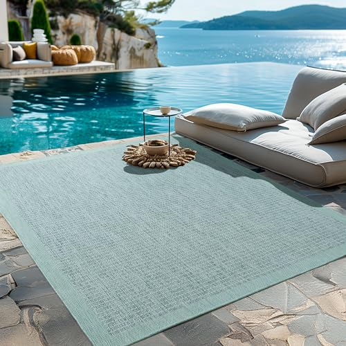 HomebyHome Outdoor-Teppich Flachgewebe Wetterfest Einfarbig Blau Küchenteppich, Balkon Terrassen Garten Wohnzimmer Teppich 60 x 100 cm
