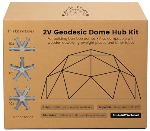 HIT PRODUCTS Panda Domes - 2V Geodesic Dome Hub Kit, Frame Connectors to Build Your Own 10-16ft (~ 3-5m) Geodome using 5/8 (16mm) Max. Diameter Bamboo, Timber, Plastic or Metal Poles (Not Included)