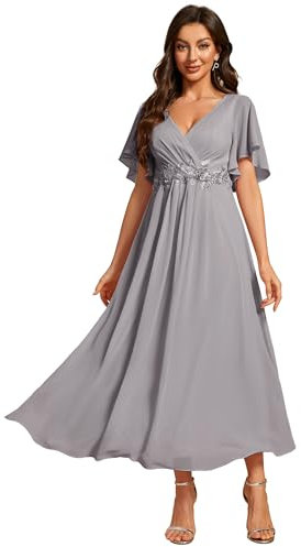 Ever-Pretty Women's Embellished Midi Evening Dress Ladies Short Sleeve line with Short Sleeve for Wedding Guest Dress Grey 20UK
