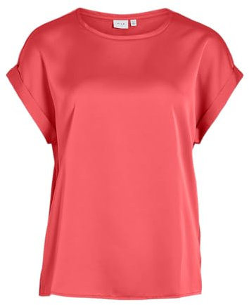 Vila Damen Satin Blusen T-Shirt Kurzarm Basic Rundhals Top Glänzend Tunika Blouse Oberteil VIELLETTE, Farben:Coral Pink, Größe:34