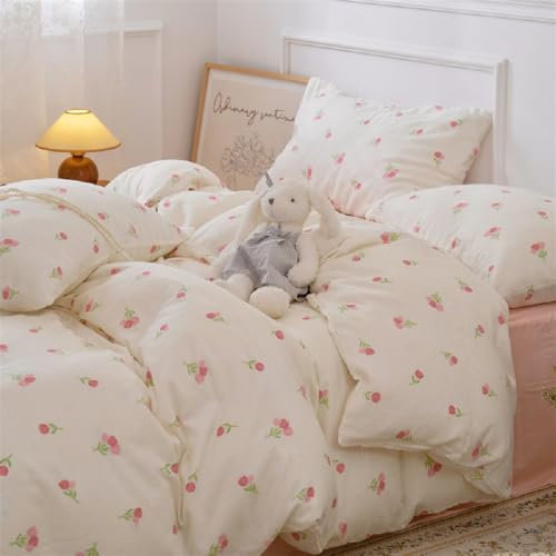 Sedefen Bettwäsche 135x200 4teilig Blumen Weiß mit Rosa Tulpen Bettwäsche aus Microfaser,Aesthetic ÖKO-TEX Bettwäsche Set 2 Bettbezug mit Reißverschluss und 2 Kissenbezug 80x80 cm