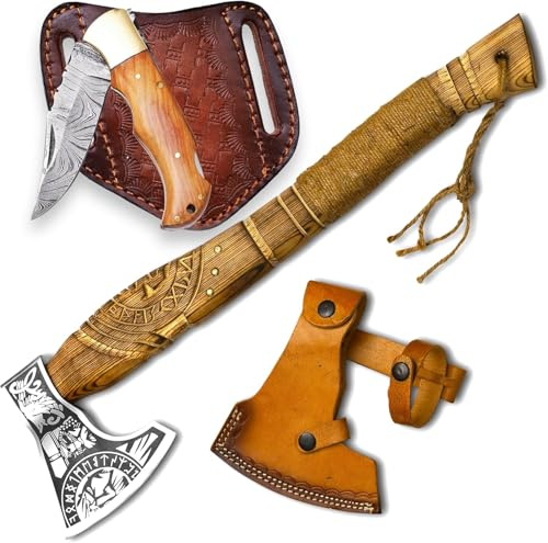 CraftTal-Wikingeraxt handgefertigt mit lederumwickeltem,48 cm EschenholzGriff,Klinge aus 1095 Kohlenstoffstahl (Skeggox)