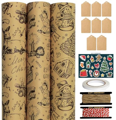 FullJoyHut 3 Rollen Weihnachtsgeschenkpapier je 43cm x 5M - Schwarzes Geschenkpapier Weihnachten Rollen Set Kraftpapier Weihnachtspapier mit Geschenkanhänger Geschenkband für Xmas Geschenkverpackung
