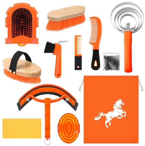 Abbylike 12 Pieces Horse Grooming Kit Racing Festival Tack Room Supplies Horse Brush Sets Equine Care Cleaning Kit Shedding Grooming Massaging Tools(Orange)