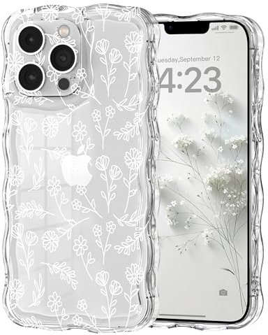 Micoden Cute Curly Wave Case for iPhone 13 Pro Max,Clear with Anti-Yellowing Flower Floral,Soft TPU Slim Bumper Shockproof Anti-Scratch Protective Wavy Cover for Girls Women-White