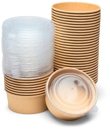 London Coffee Cups 750ml Round Kraft Recyclable Food Containers with Lids - Takeaway Bowls for Hot/Cold Food - Leakproof Food Containers - Brown Cardboard Packaging Bowl (100)