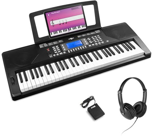 MAX Rhapsody61P - Midi Keyboard Piano, 61 Tasten E Piano mit Lautsprecher, Keyboard Ständer und Sustain Pedal, LED Display, 50 Demo Songs, Piano Keyboard, Lern-Funktion, 300 Sounds, 8 Percussion