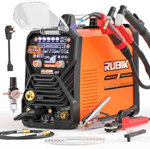 RUBIK Multi Process Welding Machine-200A 7 in 1 Welder Combo with HF TIG/Gas MIG/Flux Core MIG/Stick/Plasma Cut/SYN/Spot/VRD Welding, Spool Gun 110/220V Dual Voltage Aluminum Welder