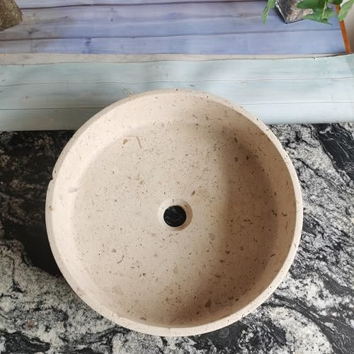 Beiges Travertin-Stein, rund, 40 cm Durchmesser x 12 cm Höhe