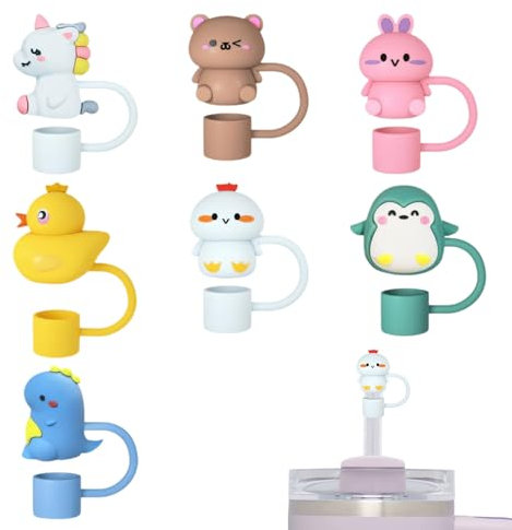 7 pcs Straw Cover for Stanley Cup,10mm Silicone Cute Animals Shape Dust-Proof Straw Toppers,Reusable Straws Cover Tips Lids Dustproof Leak With Handle,Cups Covers Cap for Tip Accessories