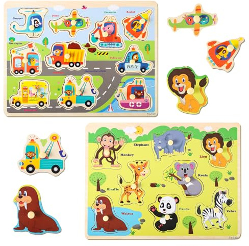 GSrenyu Wooden Jigsaw Puzzles Wild Animals & Transport Peg Puzzles | Educational Learning Toys for Girls Boys Toddler Puzzles Gifts for 1 2 3 Year Olds