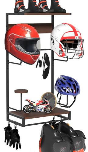 GHWMYD Support Casque Moto Mural, Porte Casque Rétro avec 2 Planches en Bois, 4 Supports de Casque Pour Gilet Tactique, Casque, Plaque, Moto, Football et équipement de Cyclisme, Brun foncé