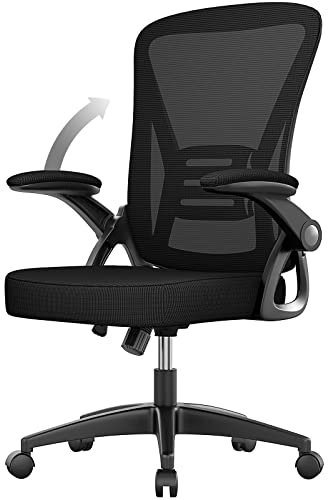naspaluro Chaise de Bureau avec Accoudoir Relevable, Fauteuil de Bureau en Maille Respirante avec Soutien Lombaire, Dossier Inclinable et Hauteur, Roulette Pivotant à 360°, Noir