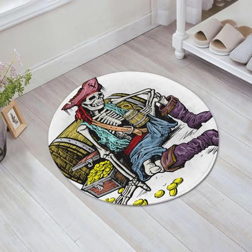FSDGY Non-slip Barrier Mats Door Mat, Super Absorbent Entrance Rug Machine Washable Soft Floor Mat Carpet,Pirate, skeleton pirate with jug of beer treasure chest gold freebooter sailor decor,24x24in