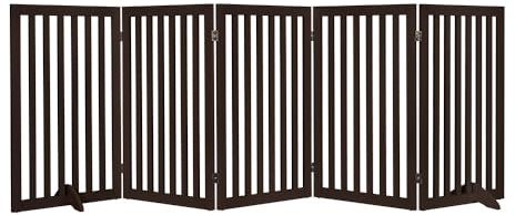 unipaws 254cm Extra Wide Dog Gate, Freestanding Stair Gate for dogs, Foldable Safety Gate,Wooden Assembly Free Pet Gate for Stair Doorways, Expandable Dog Barrier Indoor (91cm H, 5 Panels, Espressoy)