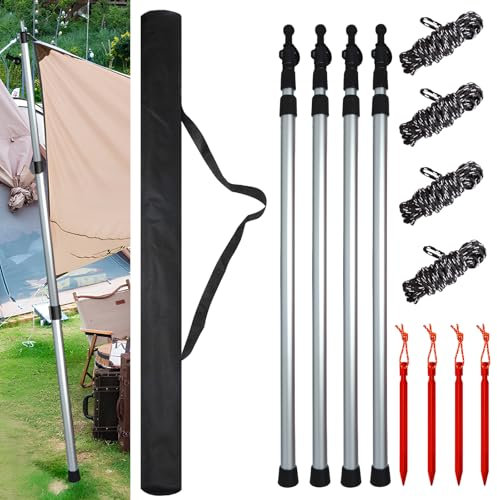 Bostar 4 PCS Palo Toldo Ajustable 90-230CM con Tapa de Goma Ancha Extensible Toldo Aluminio para Camping Barras de Tienda de Campaña de Aluminio para Furgonetas Camper (Plata)