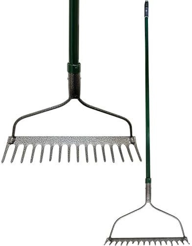 16 Teeth Carbon Steel Bow Rake - Shaft Garden Handle Leaf Lawn Metal Head Heavy Duty Raker | Gardening Hand Tool | for Raking, Weed Removal and for Working the Soil Grass Leaves - Fibreglass Handle